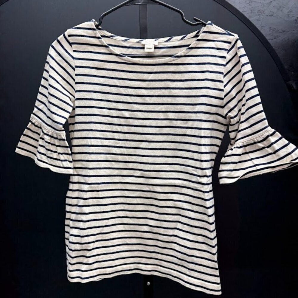 J. Crew Navy Blue Striped Flutter Sleeve Top